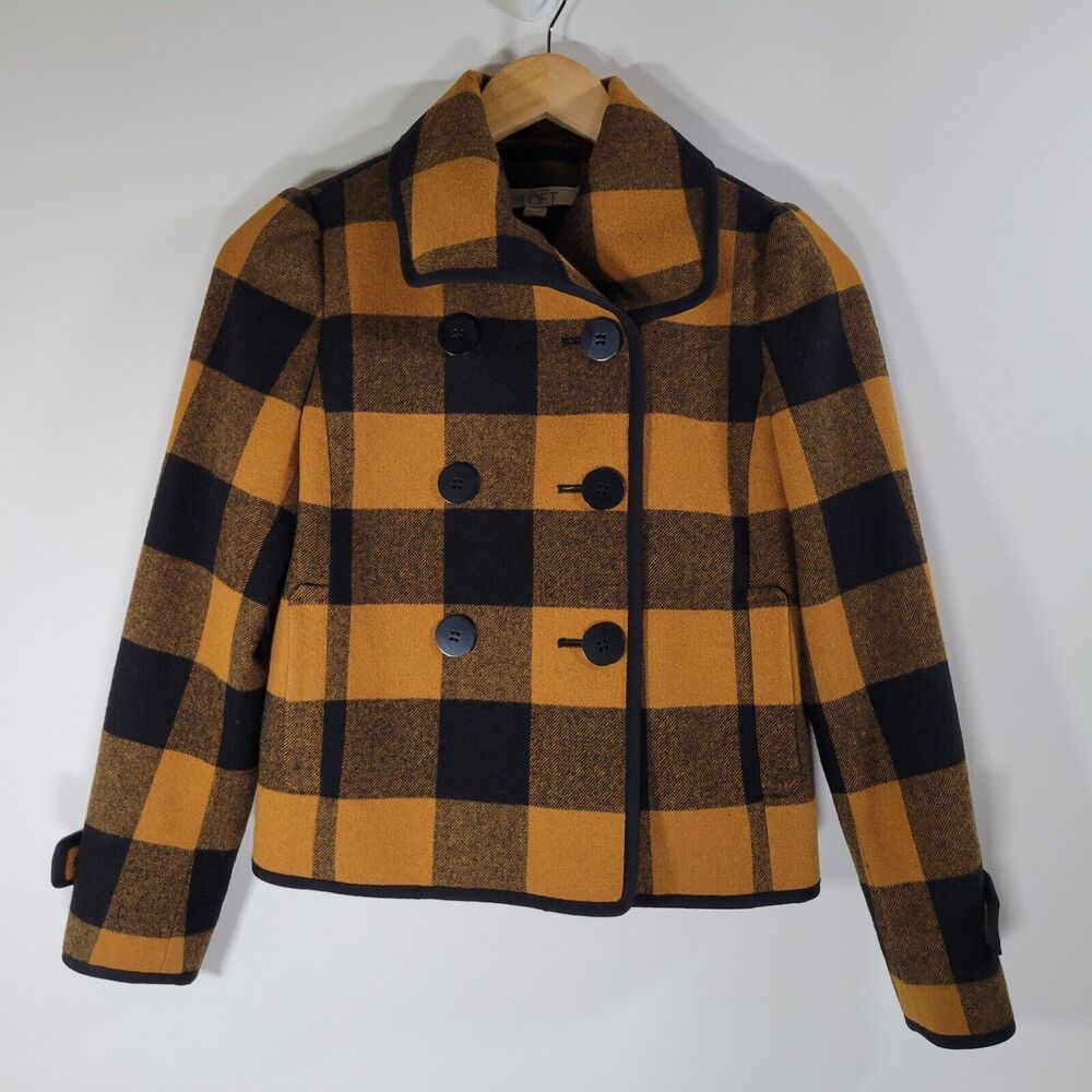 LOFT Yellow Buffalo Plaid Jacket Sz XXSP Crop Lined Wool Blend Double Breasted